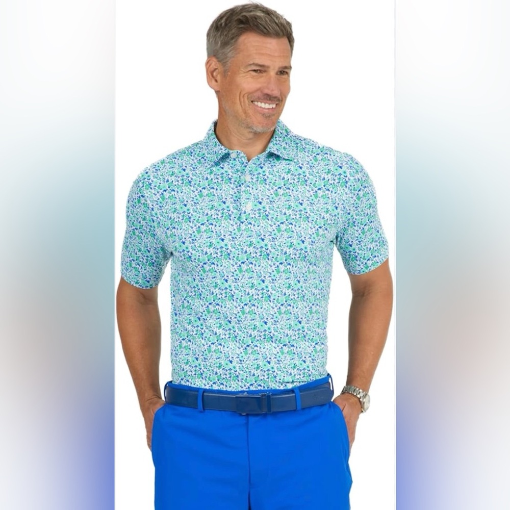 IBKUL Blue Green Floral Performance Polo UPF 50+